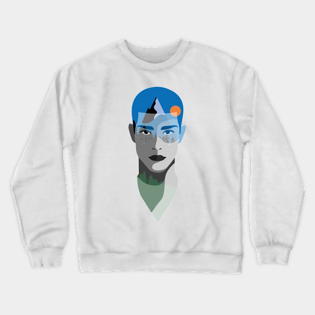 Wild Boy Mountain Moon Forest Illustration Crewneck Sweatshirt by Mako Design 